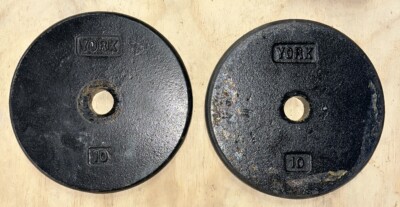 vtg YORK BARBELL 10lb. PANCAKE WEIGHT PLATES BodyBuilding STRONGMAN DUMBBELLS**