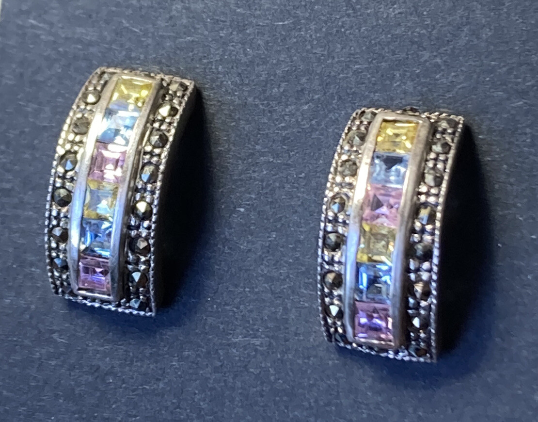 Sterling Silver 925 Multi Gemstone Marcasite Semi… - image 1