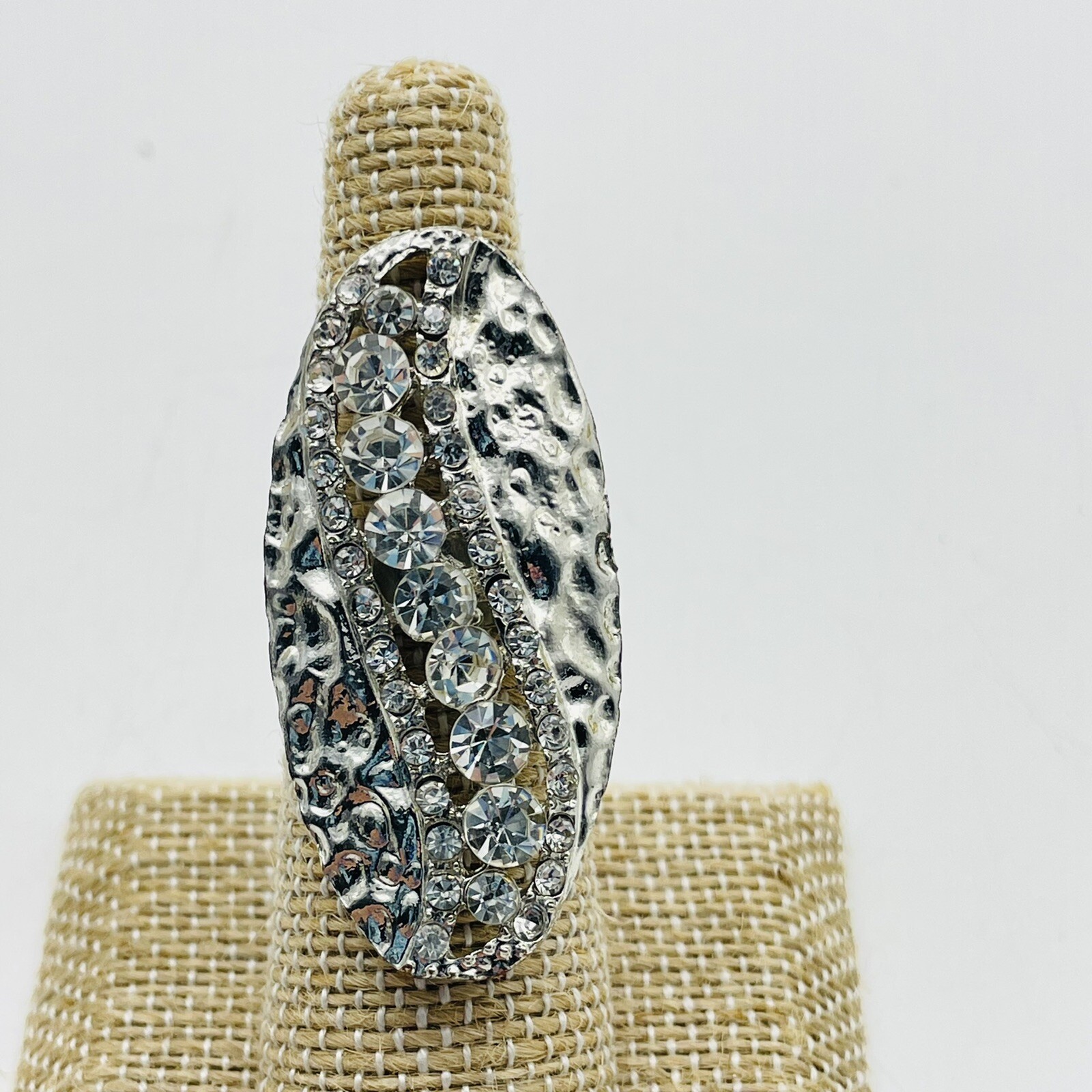 Rhinestone Studded Statement Ring Adjustable Silver Tone Glam Bling