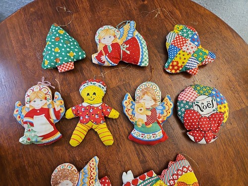 Vintage 1970's Christmas Ornament Lot 9 Fabric Panel Handmade Stuffed Ornament - Picture 4 of 4