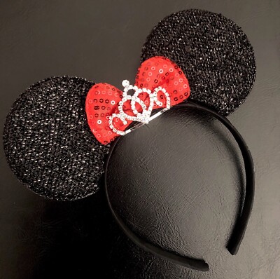 Minnie Mouse Princess Tiara Crown Headband Sparkly Black Ears Red Bow Adult Kid