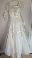 VTG Maxi Ecru Wedding Dress Short Sleeve Tiered Skirt Gloves Fit Flare XS