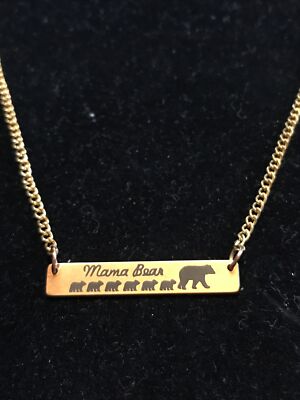 Mama Bear With Six Cubs Bar Necklace Gold Tone Chain