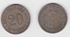 20 Pfennig Nickel M&uuml;nze Deutsches Reich 1890 F J&auml;ger 14 f.vz (141983)