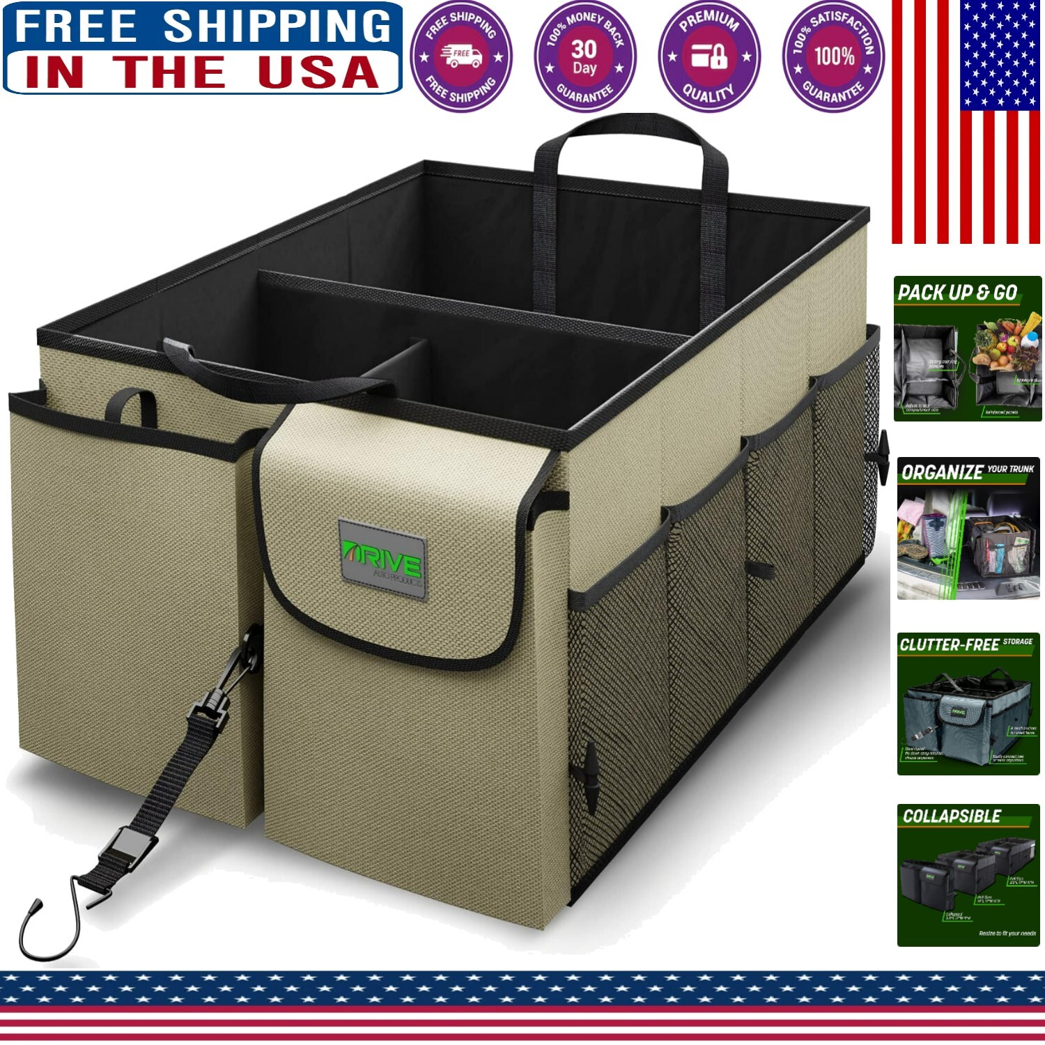 Collapsible Car Trunk Organizer - Tan, Multi-Compartment with Adjustable Straps