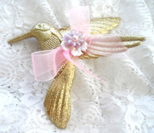 Glitter Ornament - GOLD GLITTER RESIN HUMMINGBIRD w/BOW  ROSETTE - 5-1/2"