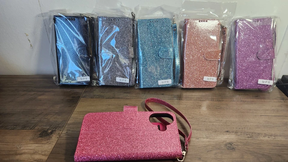 Funda tipo billetera para iPhone 16 con correa de espejo soporte para efectivo para tarjeta de crédito brillo Foto 4 de 4