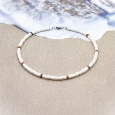 Bohemian Surfer Shell Necklace White Puka Shell Coconut Wood BeadsUnisex Choker