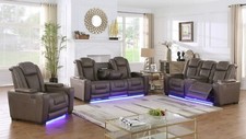 NEW 3PC LED Power Recliner Brown Upholstered Sofa Set USB Port/Wireless Charging