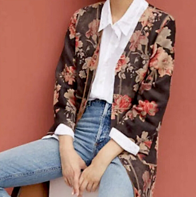 T TAHARI Faux Suede Antique Floral on Grey Open Front Jacket