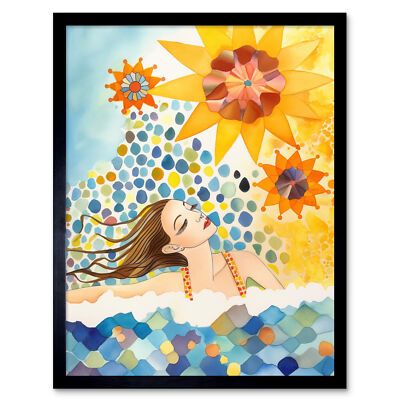 Abstract Sea Swimming Modern Folk Art Bathroom Framed Wall Art Picture Print 9X7