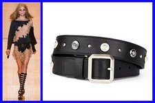 S/13 L 1 VERSACE BLACK LEATHER BELT w/SILVER  GOLD MEDUSA GREEK KEY STUDS 85/34