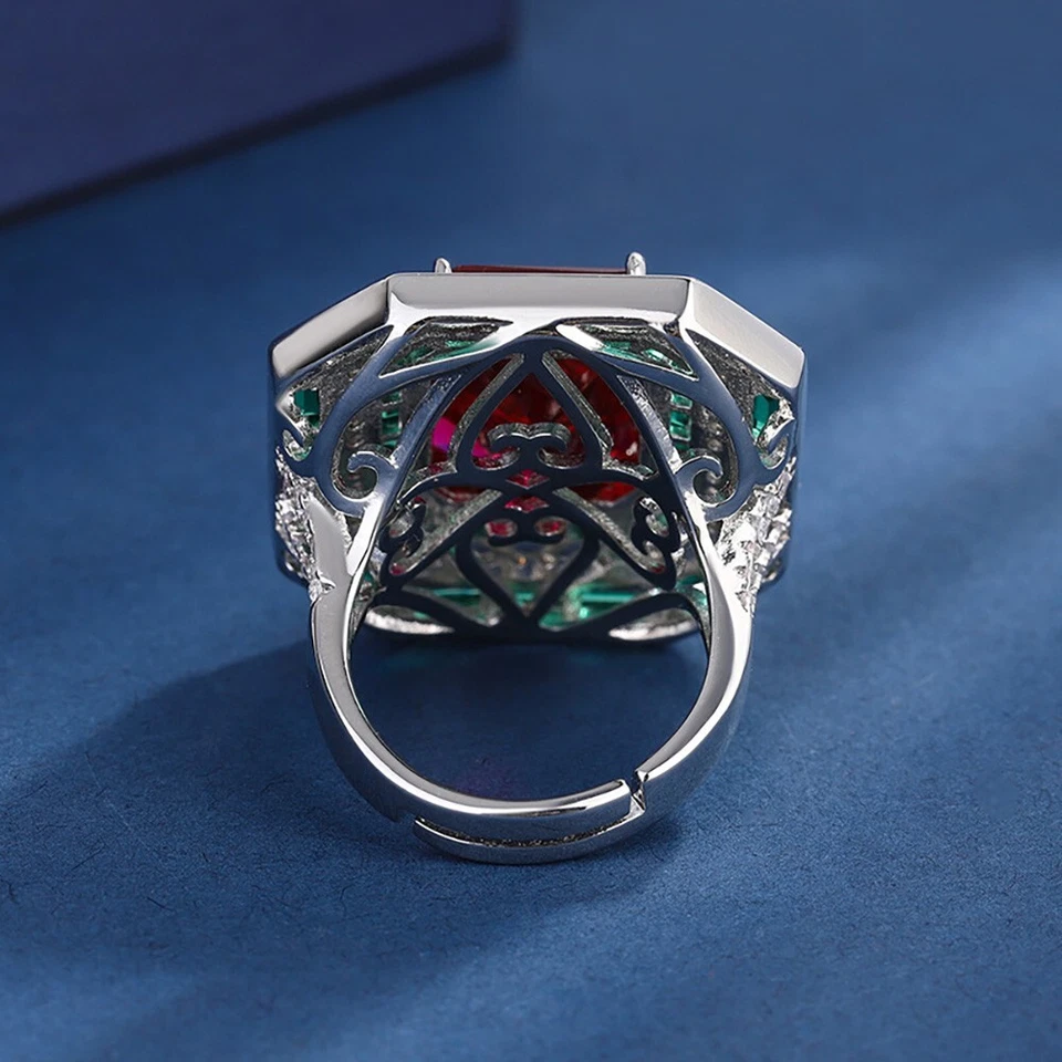 Anillo para damas creado en laboratorio rojo esmeralda rubí piedra preciosa incrustada joyería de boda Foto 2 de 4