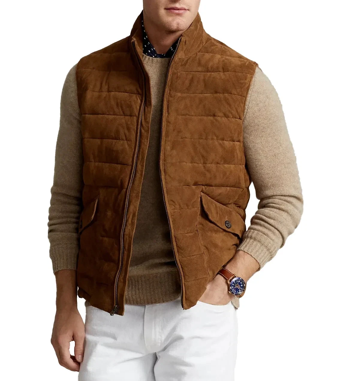 Brown Suede Leather Quilted Puffer Vest for Men