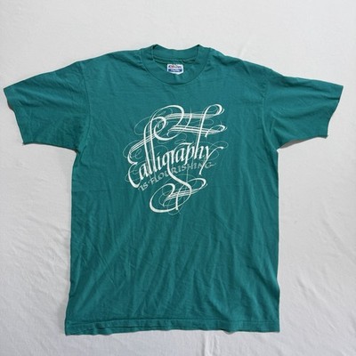 Vintage 80s Calligraphy Is Flourishing T-Shirt Teal Hanes Made USA Large