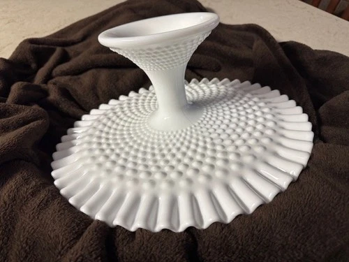 Vintage 12.5" Fenton Hobnail PEDESTAL Cake Stand Ruffled Milk Glass White B13