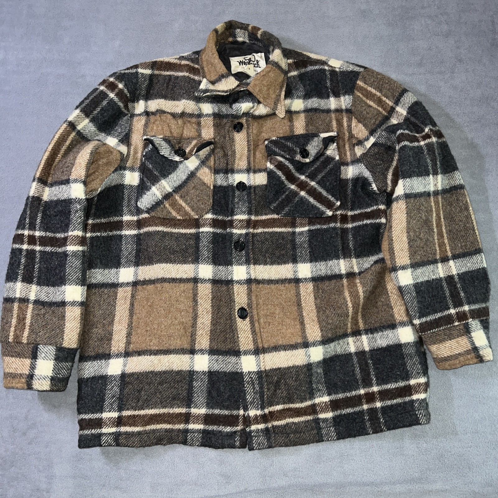 Woolrich, Vintage 1970s Woolrich Large Heavy Thick Wool Plaid Brown Shirt Jacket