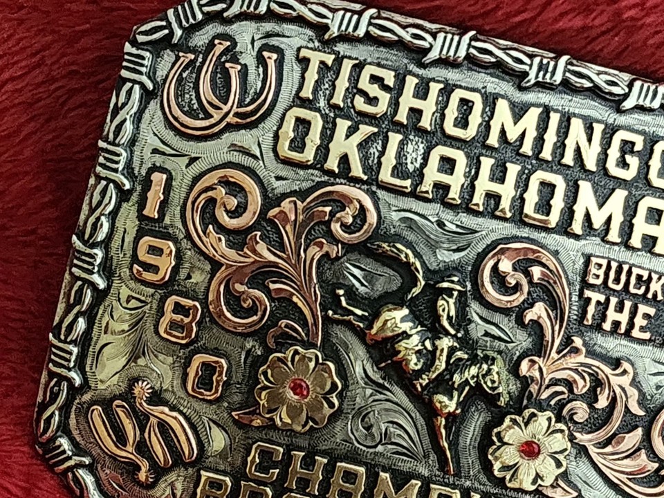 Bronc Riding Champion Rodeo Trophy Buckle☆Tishomingo Oklahoma☆1980☆952 ...