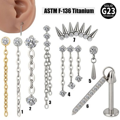 2x G23 Titanium Chain Dangle Labret Stud Lip Ring Helix Tragus Earring Ear Stud