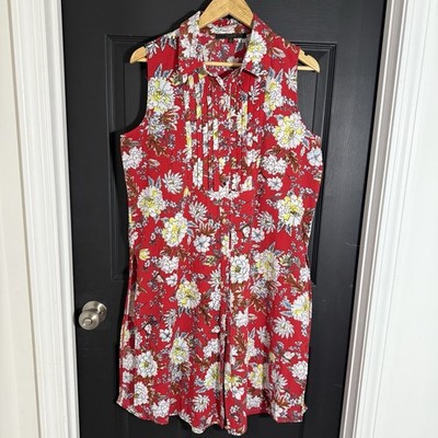Maxport Red Floral Sleeveless Long Side Split Tunic Top Size Medium