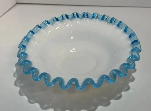 Vintage Fenton Milk Glass Dish with Blue Crimped Ruffled Edge
