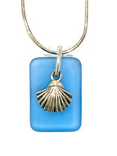 Sea Glass Inspired Blue  Sterling Silver Scallop Shell Pendant  18" Necklace