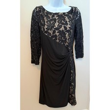 Tahari Arthur S. Levine Sheath Dress 4 Black Lace Sequin Ruched Cocktail
