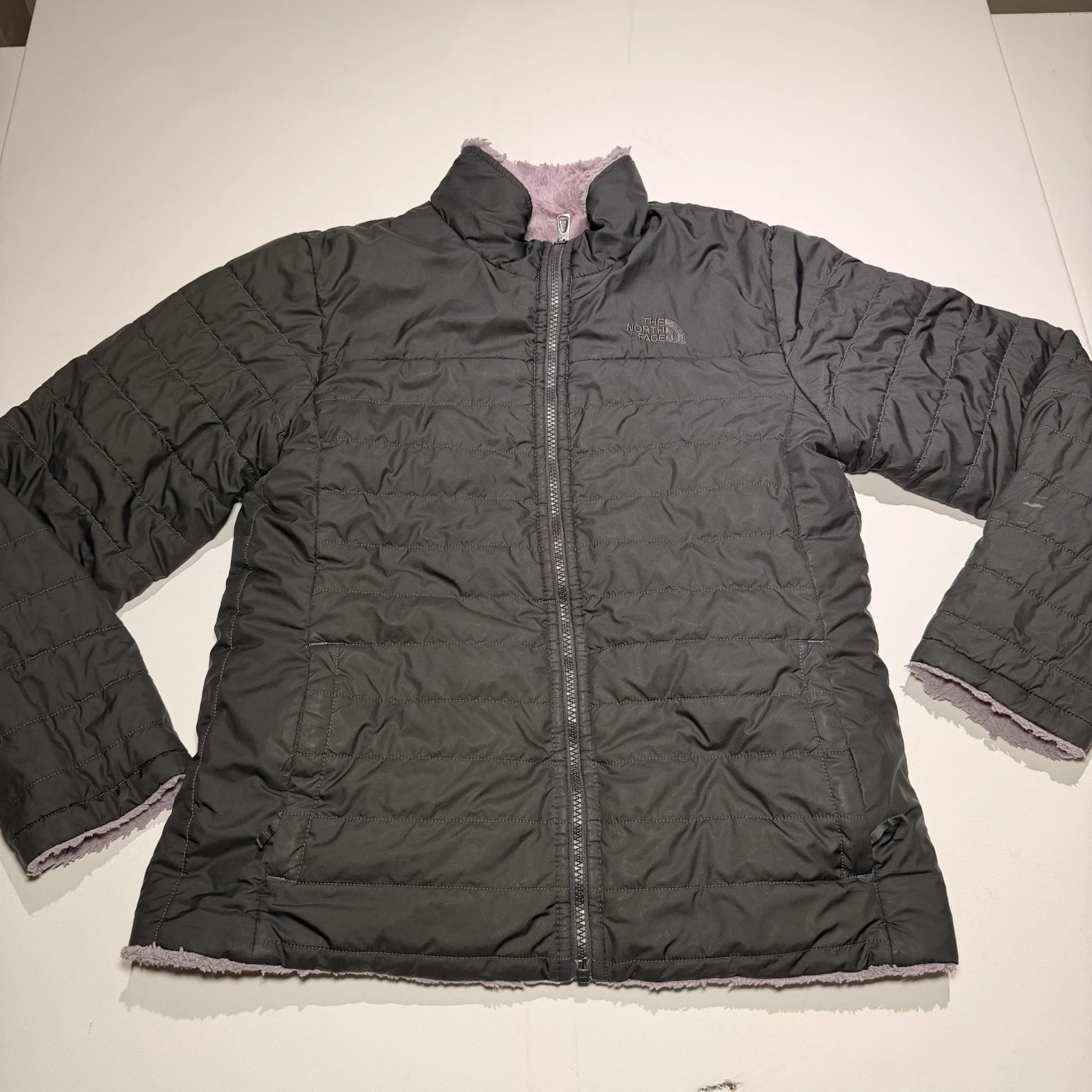 The North Face Girls Reversible Puffer Jacket Purple Fleece Size XL 18