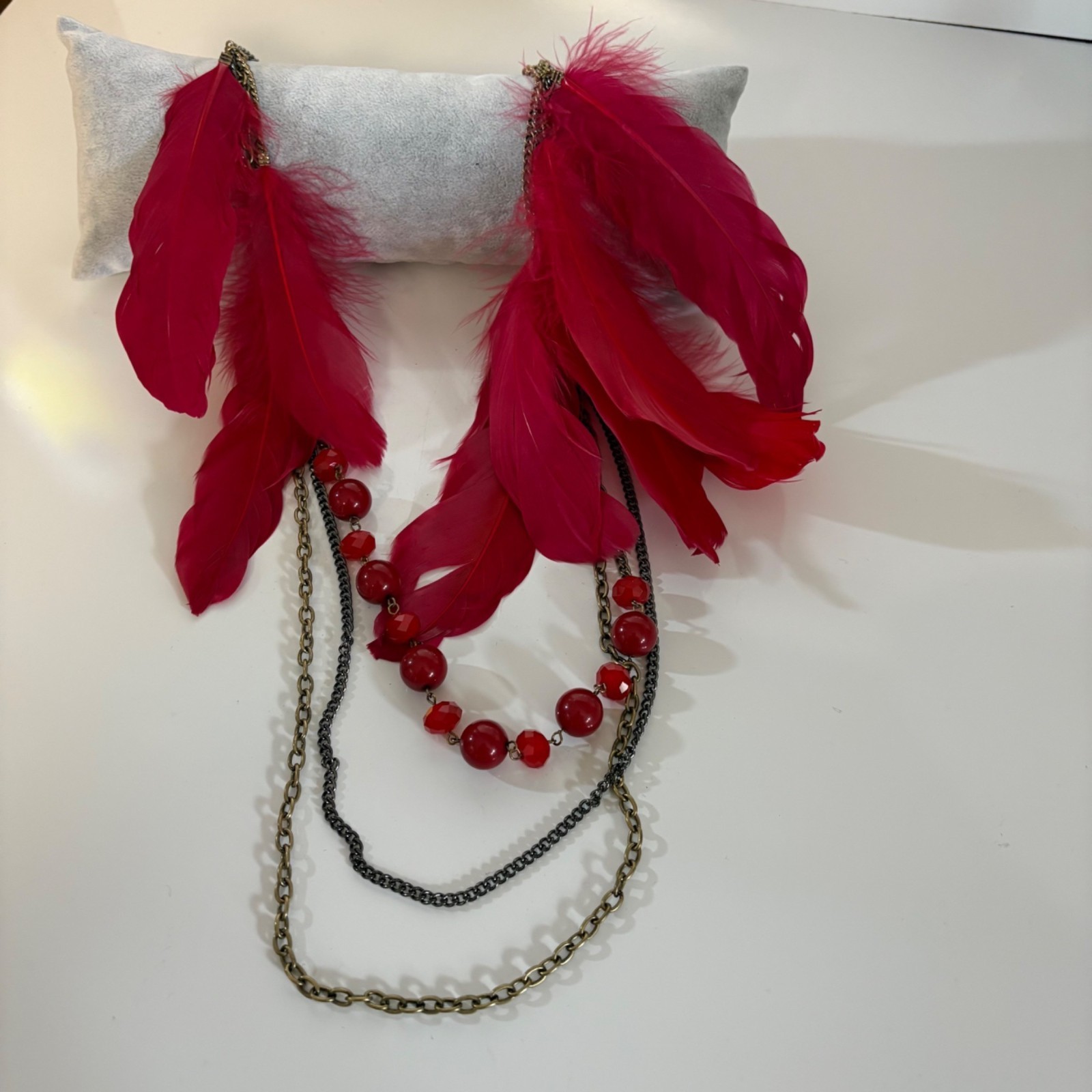 Multilayer Red Feather and Beaded Statement Neckl… - image 4
