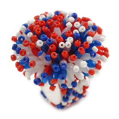 40 mm Durchmesser/Blau/Weiß/Rot Acryl/Glas Perle Gänseblümchen Blume Flex Ring - Größe M