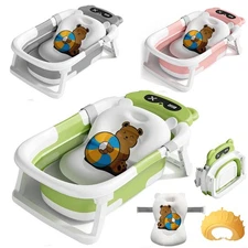 Baby Bathtub Foldable 3-In-1 Includes Thermometer, Bath Pillow And Shower Cap