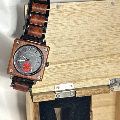 WOODme Square Wooden Quartz Watch Black Dial Wood Link Band Box & Tool