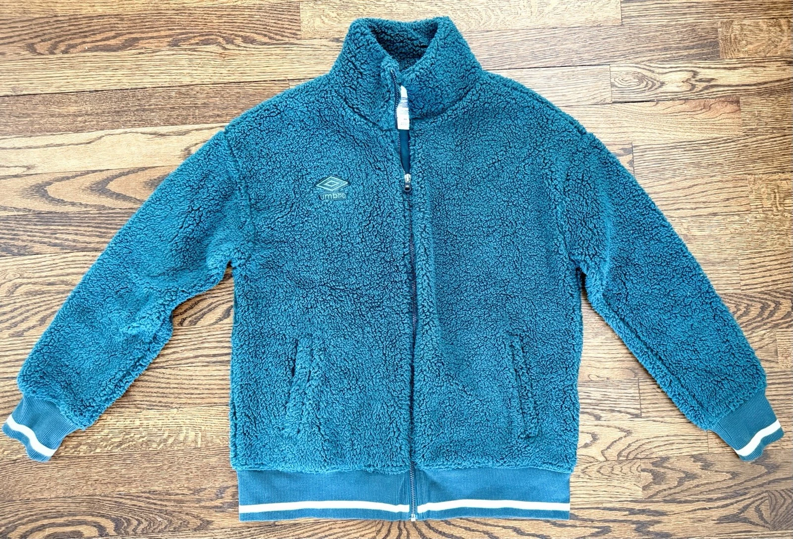 Umbro Men’s M Sherpa Fleece Jacket Teal Full Zip Cozy Pocket Logo