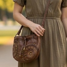 Fossil Brown Leather Crossbody Bag Boho Embroidered Small Messenger Handbag