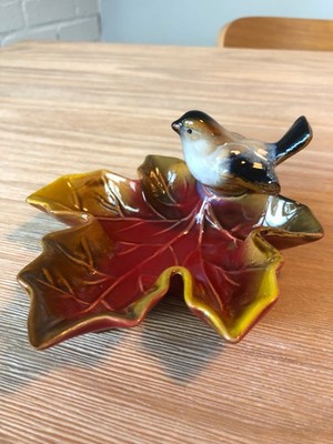 Creative Co-Op Bird Maple Leaf Trinket Dish Tray Ashtray Candy Thanksgiving Fall
