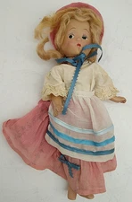 Vintage Composition Doll Original Side Glance Blue Painted On Eyes 11"T Antique