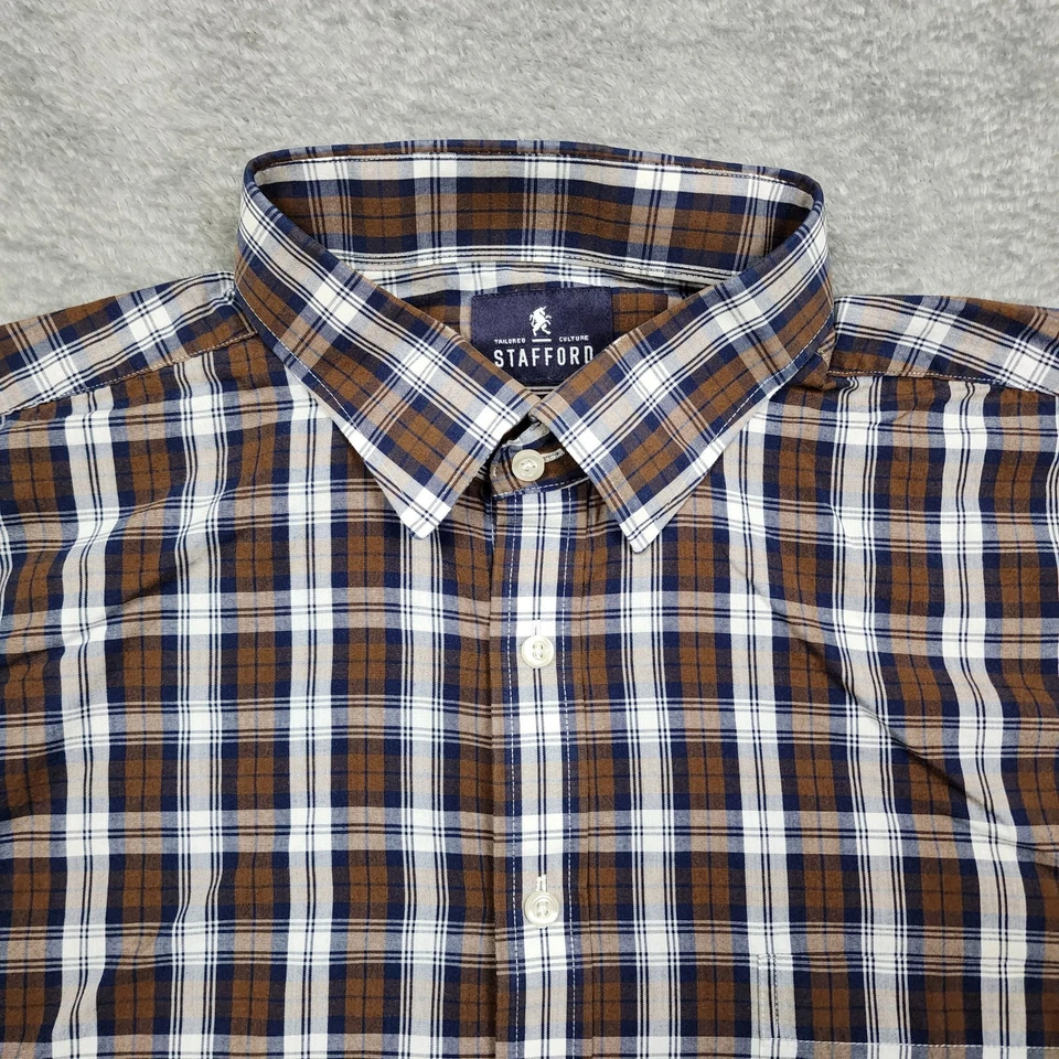 Camisa de vestir Stafford para hombre talla 18 36/37 ajuste regular marrón azul blanco a cuadros Foto 4 de 4