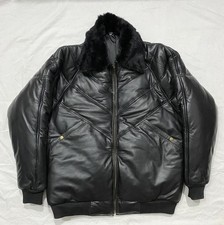 Mens real Leather Black V bomber size 3XL removeable Real Fur Collar