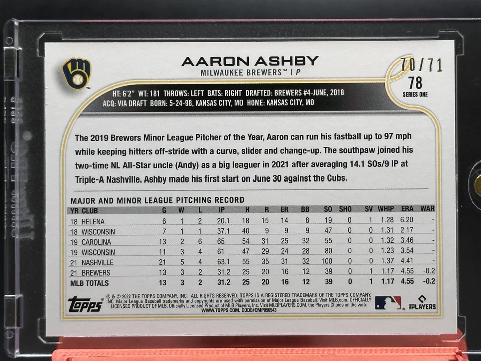 /71 Aaron Ashby Black Parallel Rookie 2022 Topps Milwaukee Brewers SP RC - Image 2 of 2