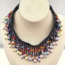 Vintage 90s Glass Bead Fringe Choker Necklace Black Fabric Boho Fashion Jewelry