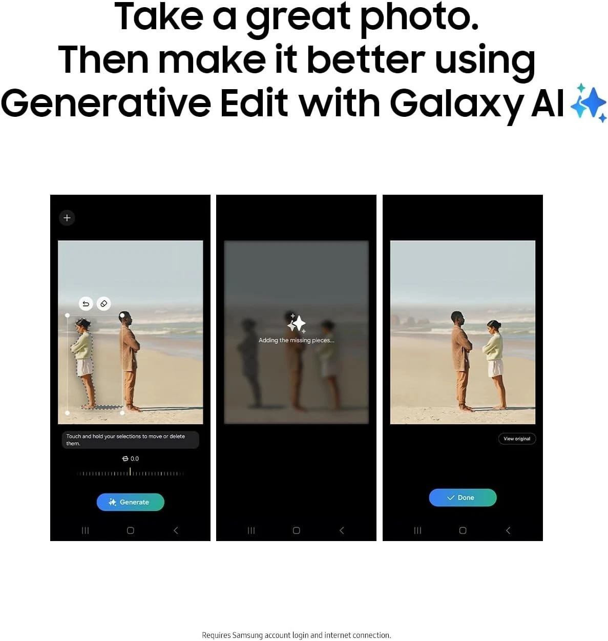 Samsung Galaxy AI photo editing app showing three steps of selecting and generating edits for a beach scene photo.