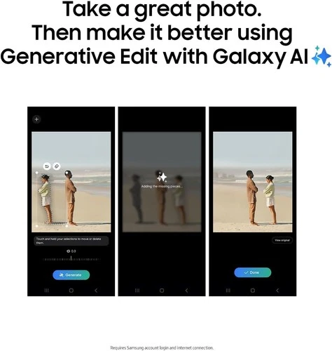 Samsung Galaxy AI photo editing app showing three steps of selecting and generating edits for a beach scene photo.