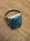 Vintage Mens Rectangular Natural Turquoise Sterling Silver Ring Sz 10 Horseshoes