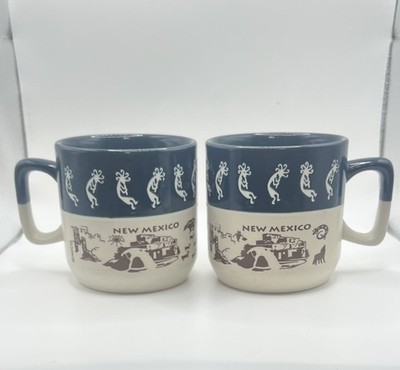 2 Mico New Mexico Mug Kokopelli and NM Landscape Southwest Blue White Stoneware
