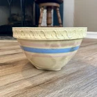 1930s McCoy Pottery Yellowware Mixing Bowl Pink & Blue Stripe Square Base 9.5”