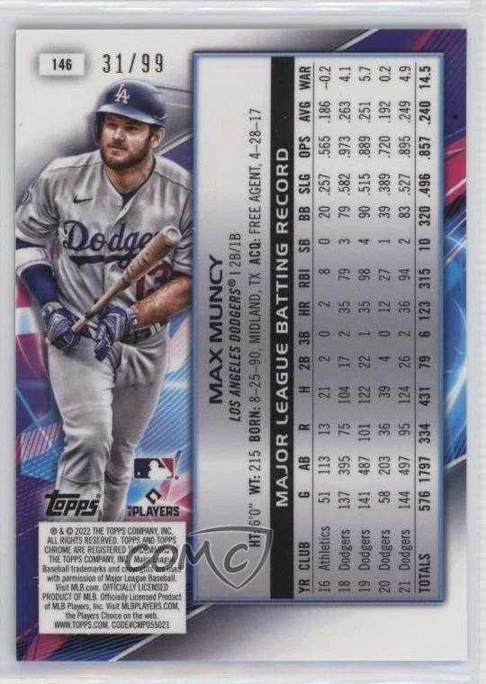 2022 Topps Cosmic Chrome Blue Moon Refractor /99 Max Muncy #146 - Image 2 of 2