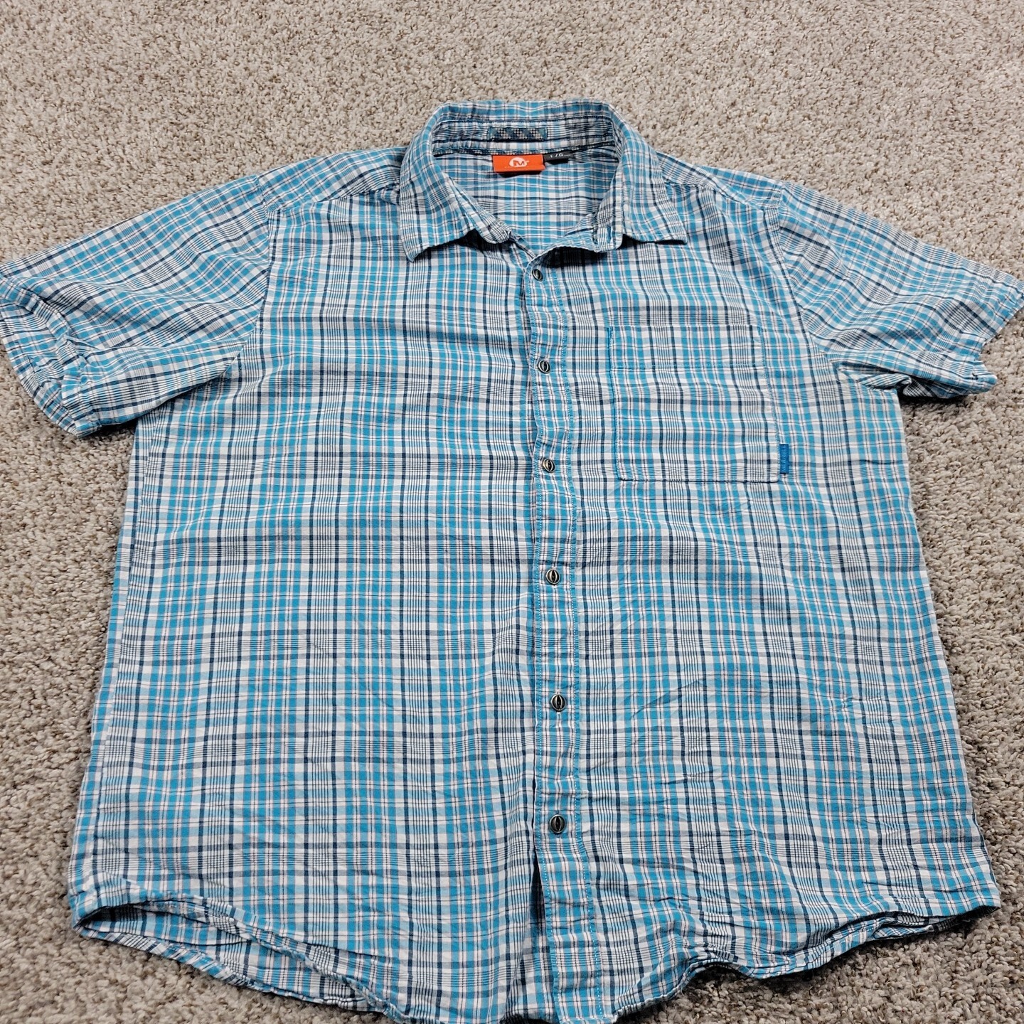 Merrell Shirt Mens Large Blue Button Up Short Sleeve Plaid Pocket Casual Check