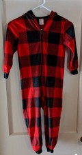 Boys "Cat  Jack" Footless One Piece Red/Black Plaid Pajamas with Hoodie Sz 4