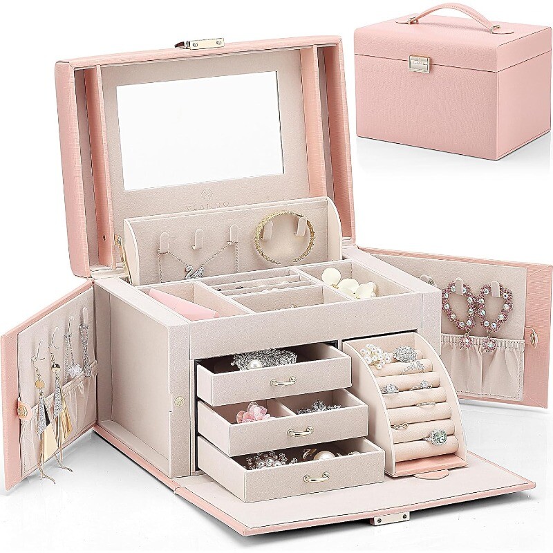 Large Mirror Jewelry Box Organizer with 3 Drawers for Girls and Women-image