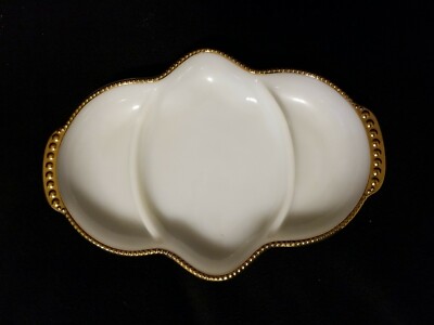Vintage Fire King Milk Glass Divided Relish Pickle Nut Candy Dish Gold Trim